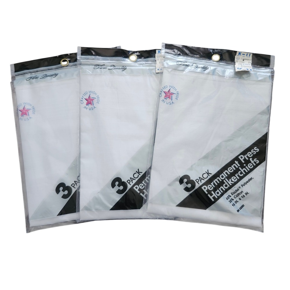 Lot of 3 Vintage Permanent Press Handkerchiefs 16x16 White 3-Pack Made In USA
